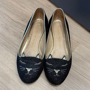 Charlotte Olympia Glittery Black Velvet Cat Face Flats with Gold Trim